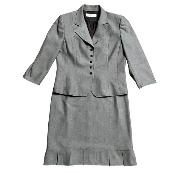 Tahari ASL Herringbone Skirt Suit 2-Piece Blazer & Peplum Skirt Brown Gray Sz 10 - Picture 1 of 16